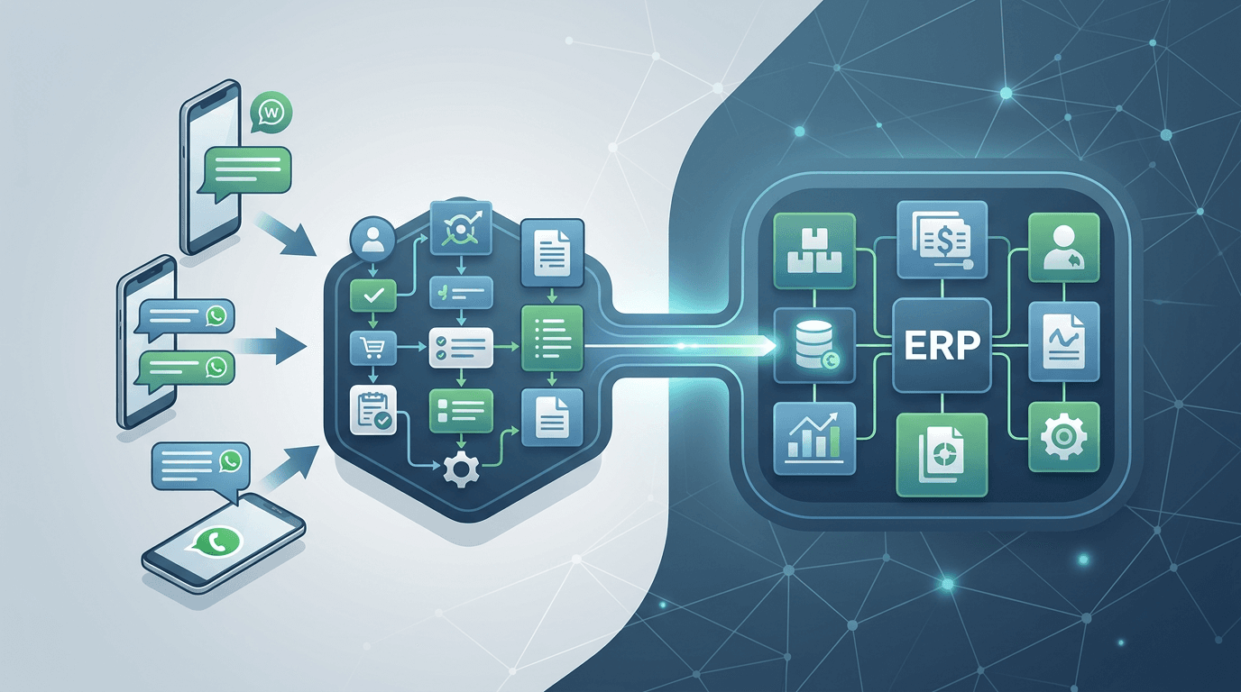 Dashboard de integración WhatsApp ERP mostrando flujos de ventas automatizados