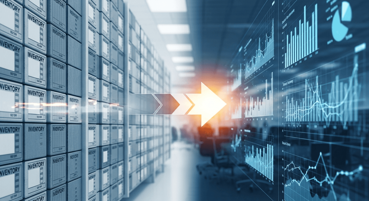 Ilustración de un sistema ERP moderno para el control de inventario, reemplazando hojas de cálculo
