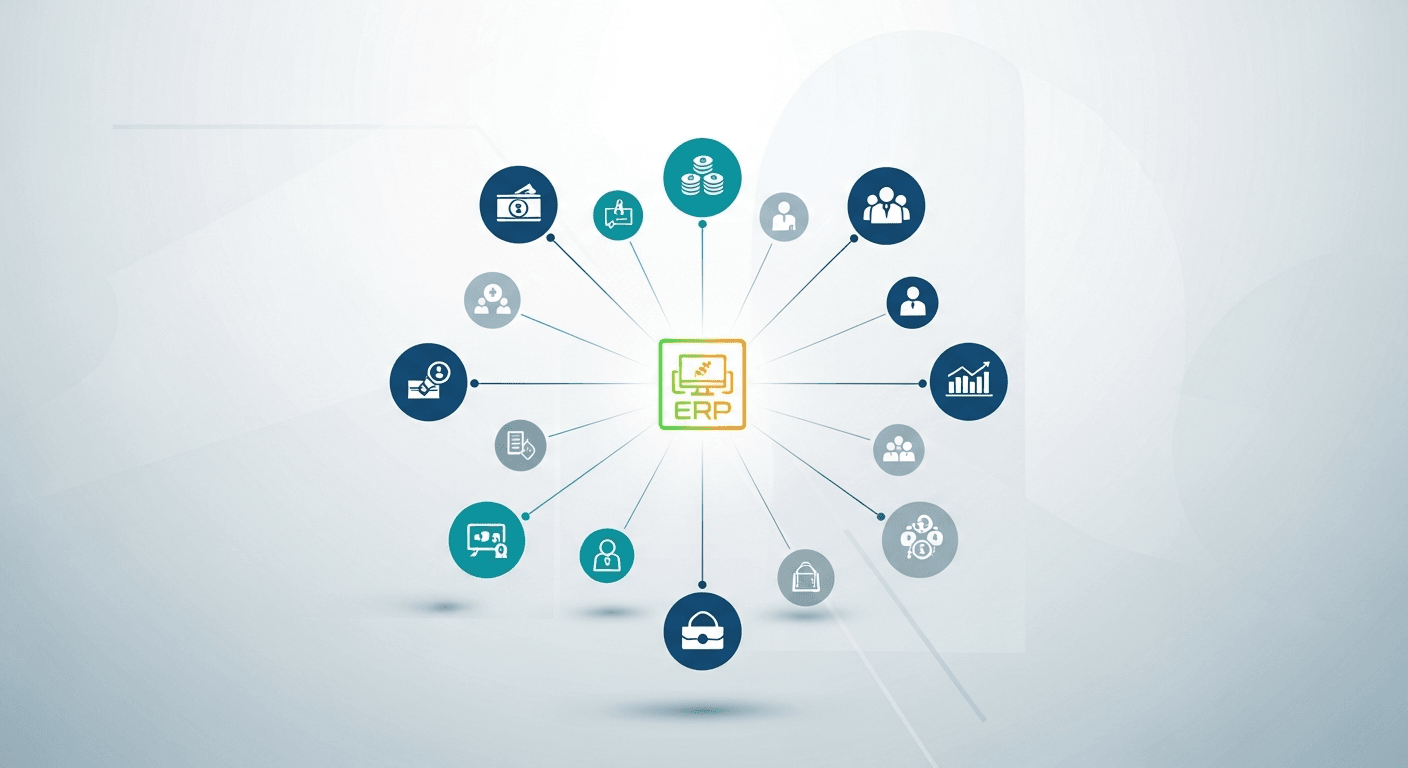 Ilustración de un sistema ERP centralizando las operaciones de una empresa